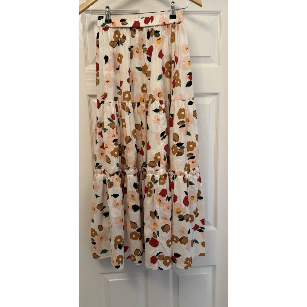 Kate Spade Maxi Skirt Womens XS Cream Floral Tiered Cotton Boho A-Line Long